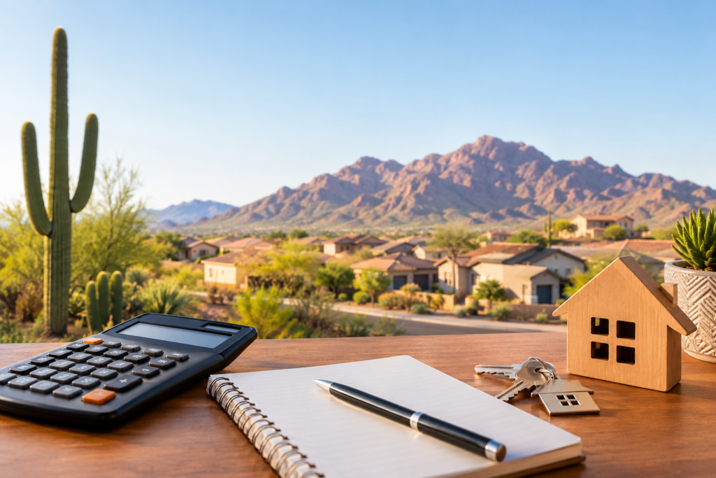Arizona home affordability planning with calculator and house keys.