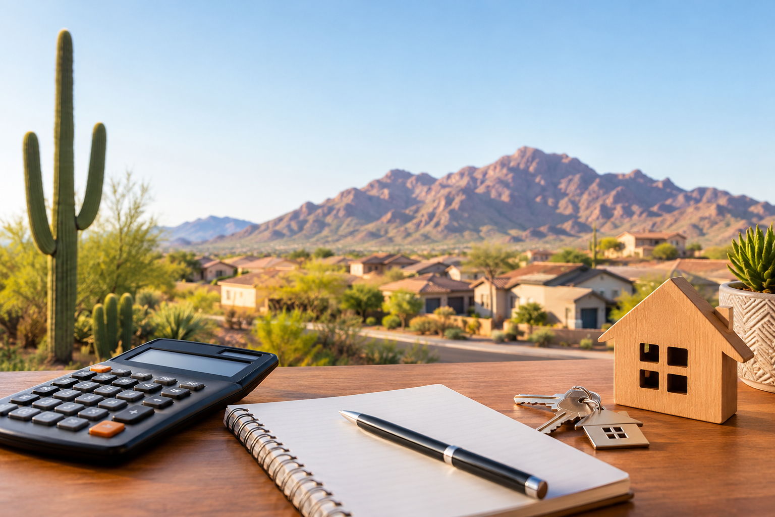 Arizona home affordability planning with calculator and house keys.